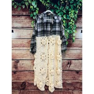 Flared Bell Sleeve Flannel Afghan Upcycled Duster Cardigan Plaid Floral One Size